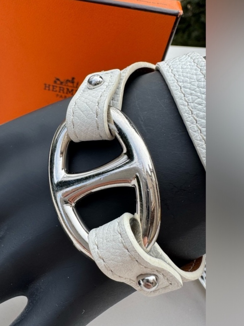 HERMES Granville Double Tour White Leather Bracelet Silver Small